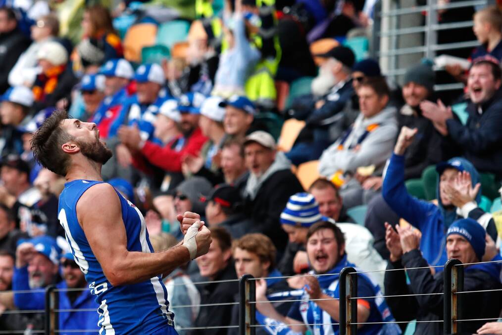 ROO TIME: Jarrad Waite celebrates a goal in Hobart against Adelaide in round 7. Picture: Getty Images