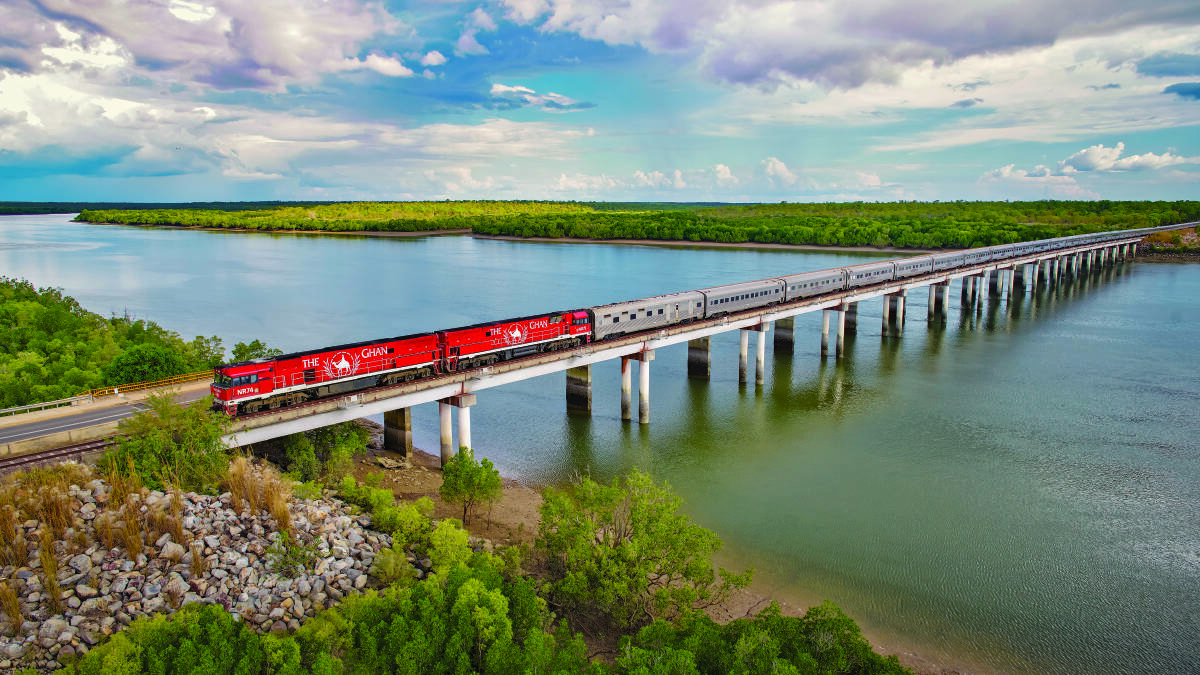 The Ghan: Inspired by the country through which the train travels, the three-course meals feature regional produce and local wines are served. 