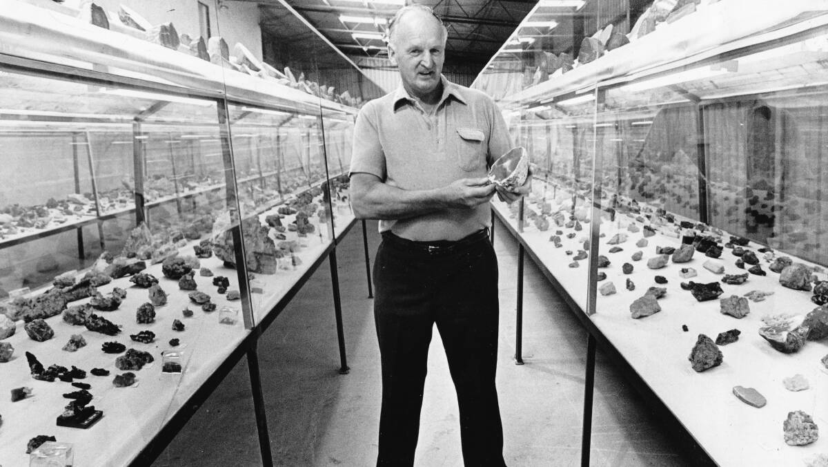 PRECIOUS: Frank Bardenhagen in the showroom of the Terry Green gemstone and mineral display at Westbury. Picture: Eddie Kerfoot, November 25 1986