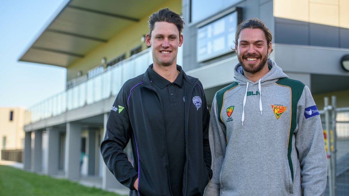 Big hitters: Tasmanian cricketers Beau Webster and Nick Buchanan stopped by Riverside Cricket Club this week. Picture: Scott Gelston.