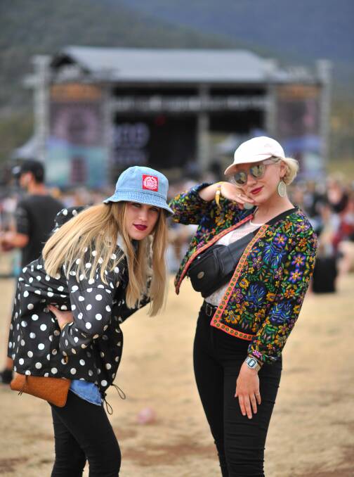 Jackets and hats: Changeable weather conditions saw interstate visitors Shannon Briggs and Tess Johnson step out prepared for all seasons at Party in the Paddock. Picture: Scott Gelston