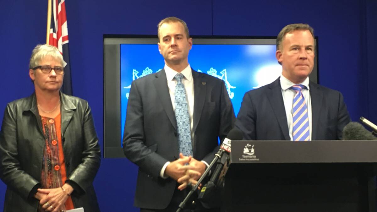 on board: Epilepsy Tasmania chief executive Wendy Groot with Health Minister Michael Ferguson and Premier Will Hodgman at the pre-budget announcement on funding for its medicinal cannabis access scheme.