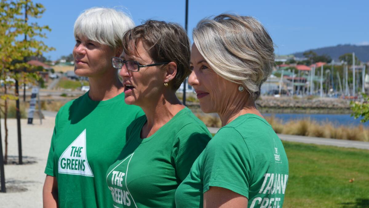 Greens team: Greens leader Cassy O'Connor flanked by Bass MHA Andrea Dawkins and Franklin MHA Rosalie Woodruff. Picture: Matt Maloney.
