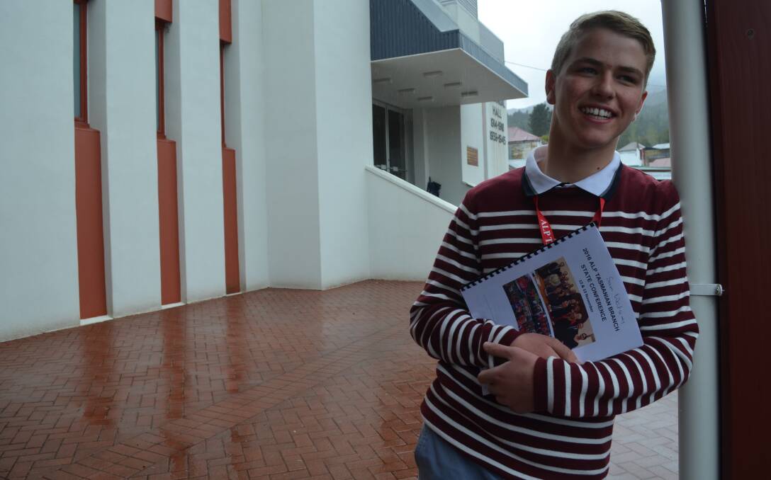 NEW LABOR: 16-year-old Sam Watson stands outside the state Labor Party conference in Queenstown on Sunday.