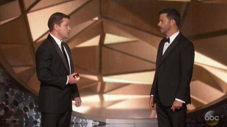 Matt Damon gives Jimmy Kimmel a ribbing on the 2016 Emmy Awards telecast. Photo: screengrab
