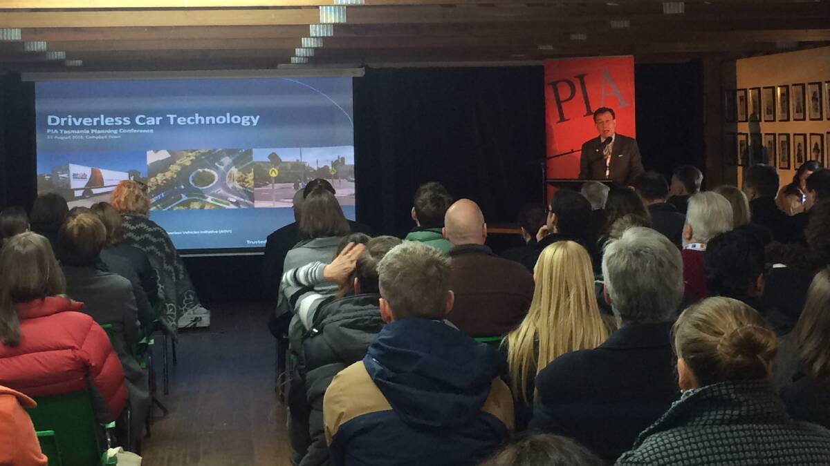 PROGRESS: Dr Charles Karl speaks to the Tasmanian Planning Conference 2016 on Driverless Car Technology. Picture: Carmel McCormack