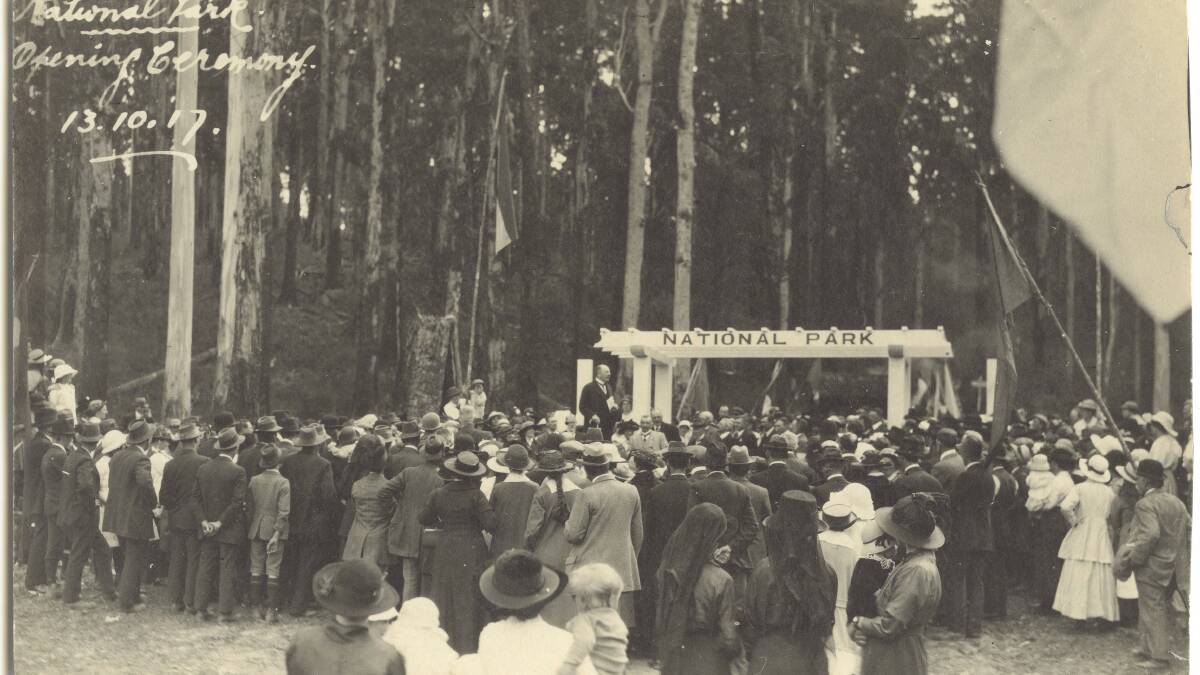 OPEN: Crowds gathered to celebrate the official opening of Mount Field National Park. Picture: Tasmanian Archive and Heritage Office