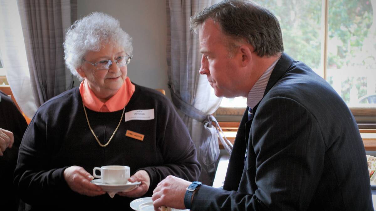 COMMUNITY: Scottsdale Senior Citizens Club's Jenny Johnson speaking to Premier Will Hodgman at a cabinet and community lunch on Tuesday. Picture: Piia Wirsu