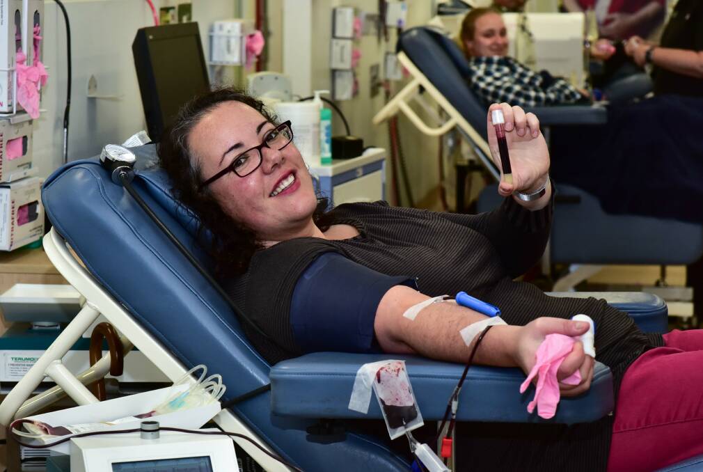 BLOOD NEEDED: Long-term blood donor Johanna Baker-Dowdell donates for the 52nd time in her life to help prevent the critical blood shortage. Mrs Baker-Dowdell said she first donated at 21 years of age. Picture: Neil Richardson