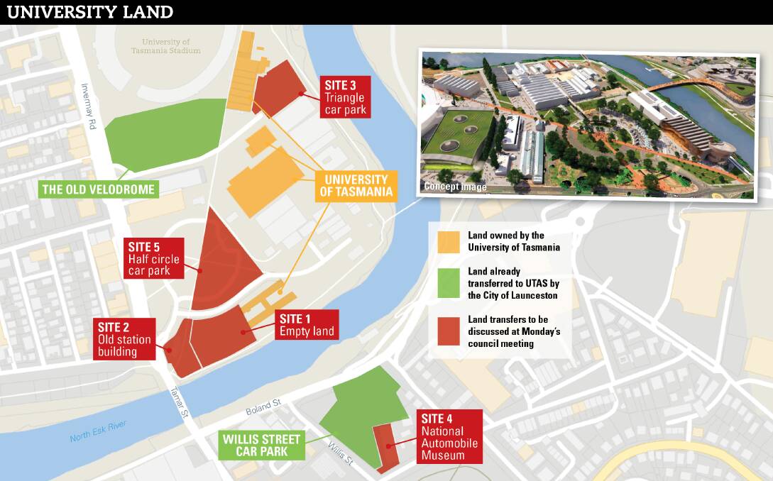 HOW IT STANDS: The existing state of the Inveresk precinct and Willis Street sites, showing how the university campus plan will unfold.