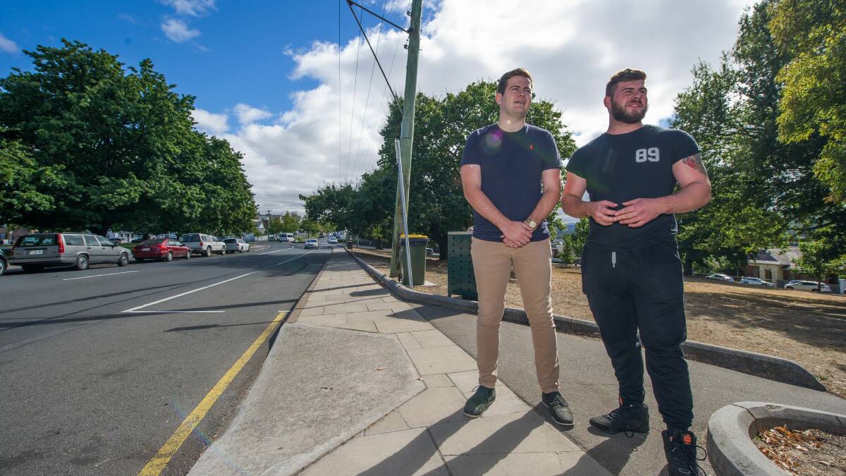 INFRASTRUCTURE NEEDED: East Launceston resident Kyle Barrett and Food For Dudes owner Ben Chapman look out over 'Eat Street' at High Street. Picture: Scott Gelston.