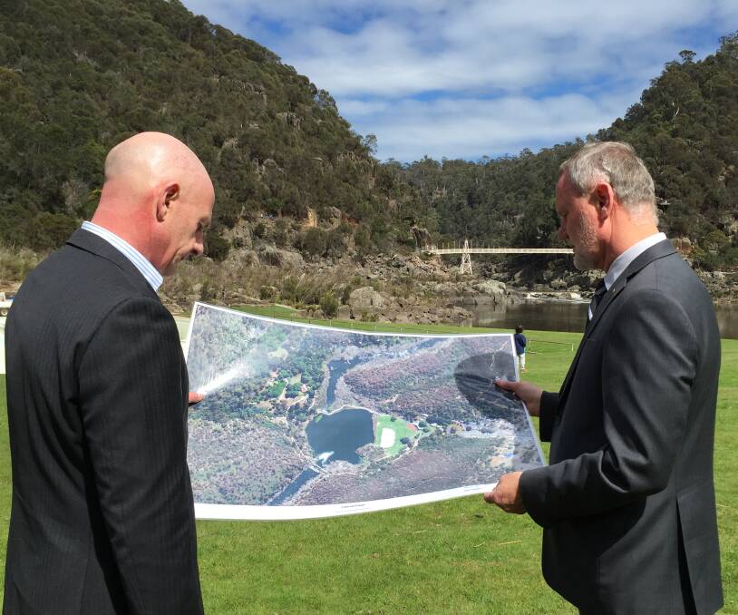 GRAND PLANS: Tasmanian Treasurer Peter Gutwein discusses the City of Launceston's plan for the Cataract Gorge with mayor Albert van Zetten. Picture: Holly Monery