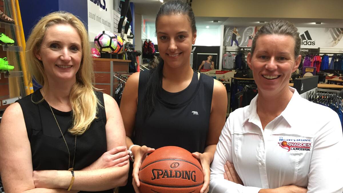 TAKING A STAND: Launceston Tornadoes Basketball Club team manager Jenn Heggarty, player Olivia Chugg and chairperson Janie FInlay. Picture: Holly Monery