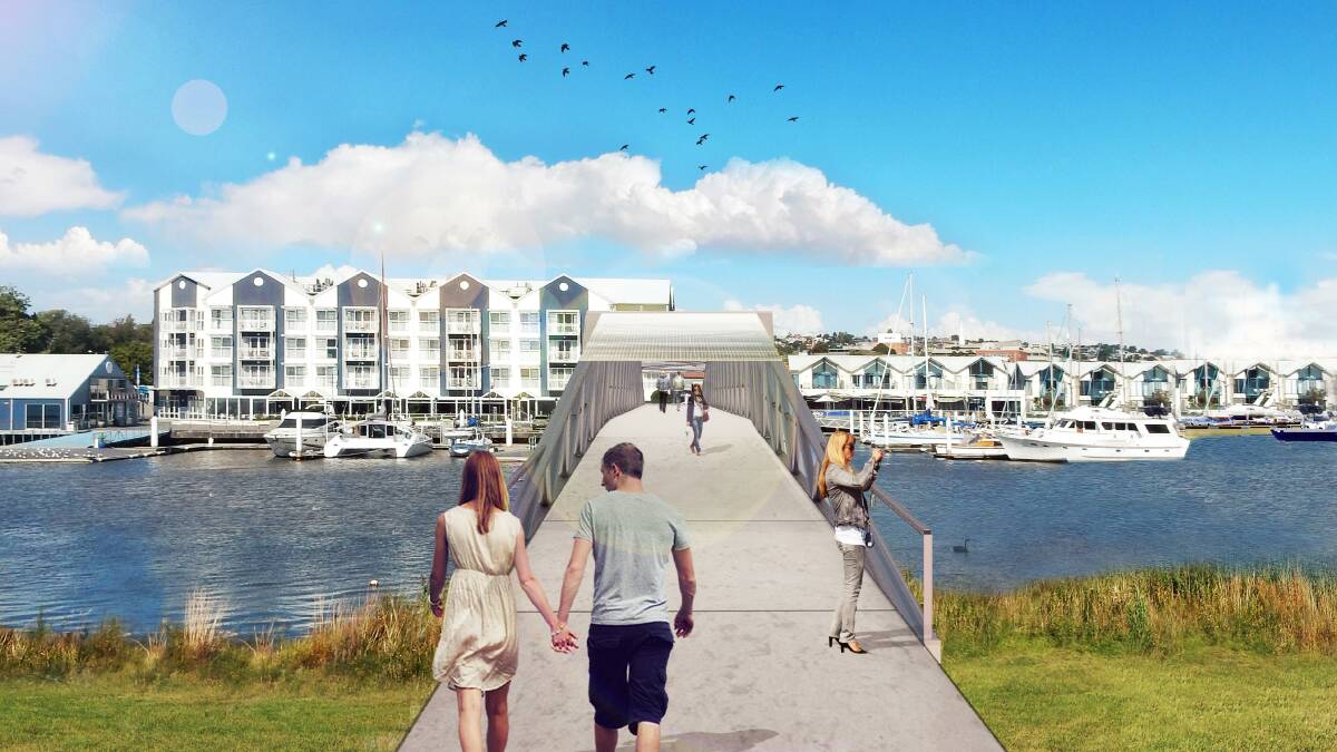An artist's impression of the pedestrian and cycle bridge from the Seaport to North Bank proposed by the City of Launceston. 