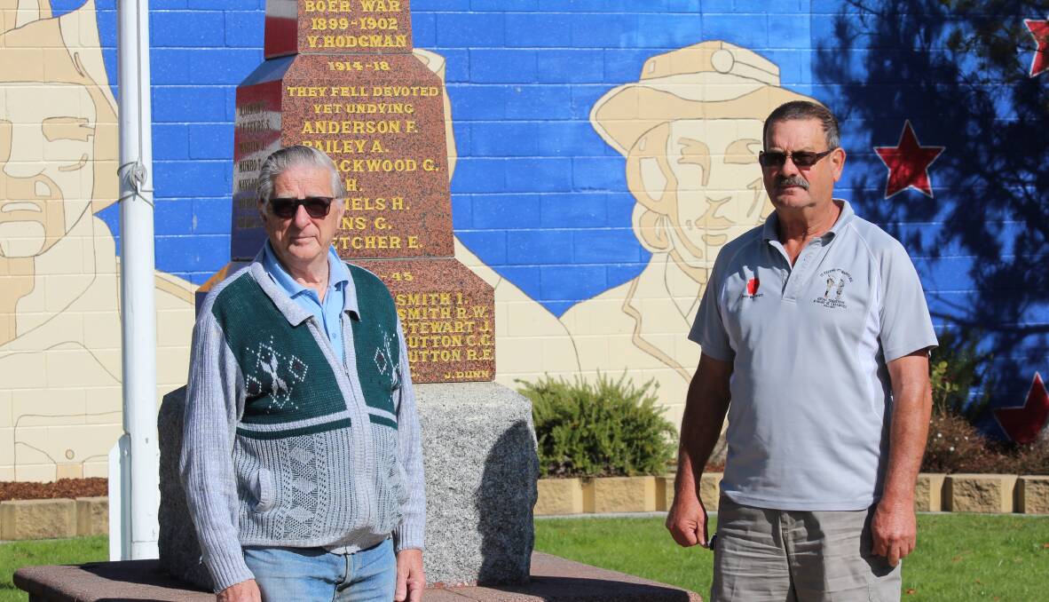 PREPARED: St Helens RSL sub-branch secretary and treasurer Harry Jager with sub-banch president Wayne Cubitt at the St Helens cenotaph. Picture: Holly Monery