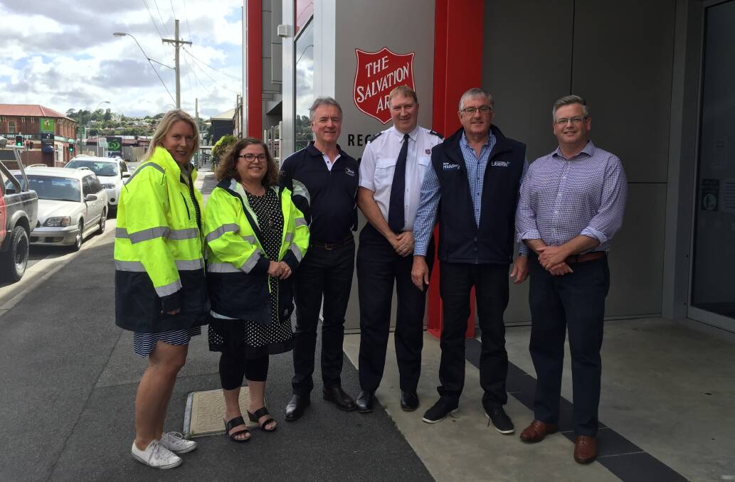 FUNDING: Salvation Army's Tracey Mitchell and Anita Reevie, with THA deputy chief Greg Astell, Salvation Army social programs secretary Stuart Foster, Police Minister Rene Hidding and Bass Liberal candidate Simon Wood. Picture: Holly Monery