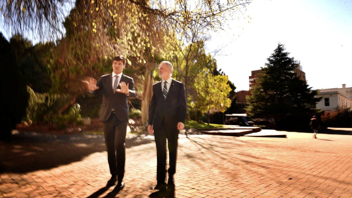 INNOVATIVE APPROACH: Assistant Minister for Cities and Digital Transformation Angus Taylor with Launceston mayor Albert van Zetten at Civic Square. Picture: Scott Gelston