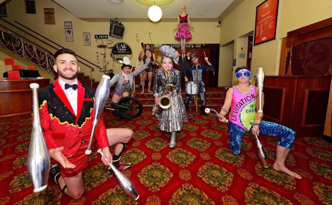 PERFORMANCE READY: Members of Circus Oz in the Princess Theatre Foyer are Dale Woodbridge-Brown, Scott Holmes, Robbie Curtis, Ania Reynolds,  Matt Wilson, Rocky Stones, Ben Henry and Flip Kammerer. Picture: Phillip Biggs.