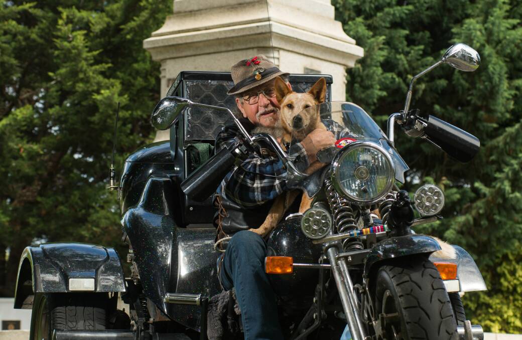 GRAND TOUR: Vietnam veteran Rob Eade with Ginge the dog. The 71-year-old is touring the country to remember soldiers who died in combat and laid 17 flags at the birthplace of Tasmanian veterans. Picture: Phillip Biggs