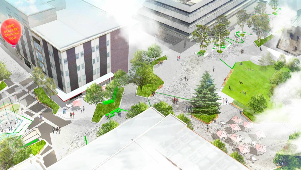 CONCEPT DESIGN: An artist impression of part of the completed Civic Square redevelopment, showing new landscaping, pavements and the central entertainment area. It will also include grass terrace landscaped seating.