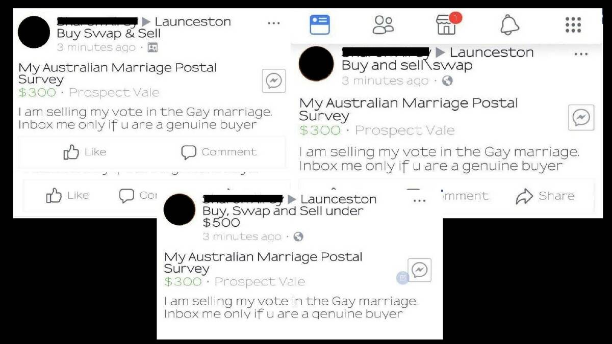 Launceston woman attempts sale of marriage postal vote on Facebook