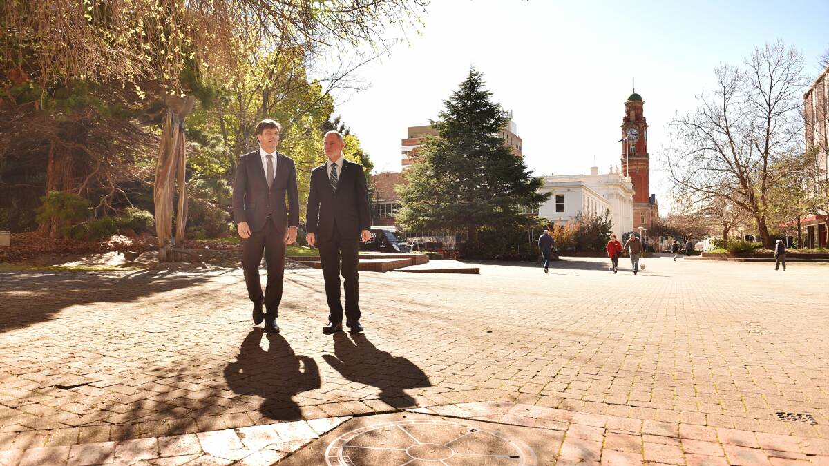 Assistant Minister for Cities and Digital Transformation Angus Taylor with Launceston mayor Albert van Zetten at Civic Square. Picture: Scott Gelston