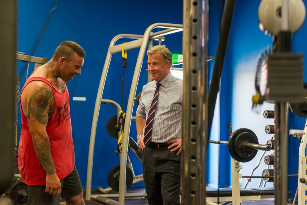 LOAN MUSCLE: Josh Summers of Longford with Premier Will Hodgman at the Health Revival Longford gym. The council will use a $550,000 loan for upgrades to the Longford Recreation Ground change rooms. Picture: Phillip Biggs