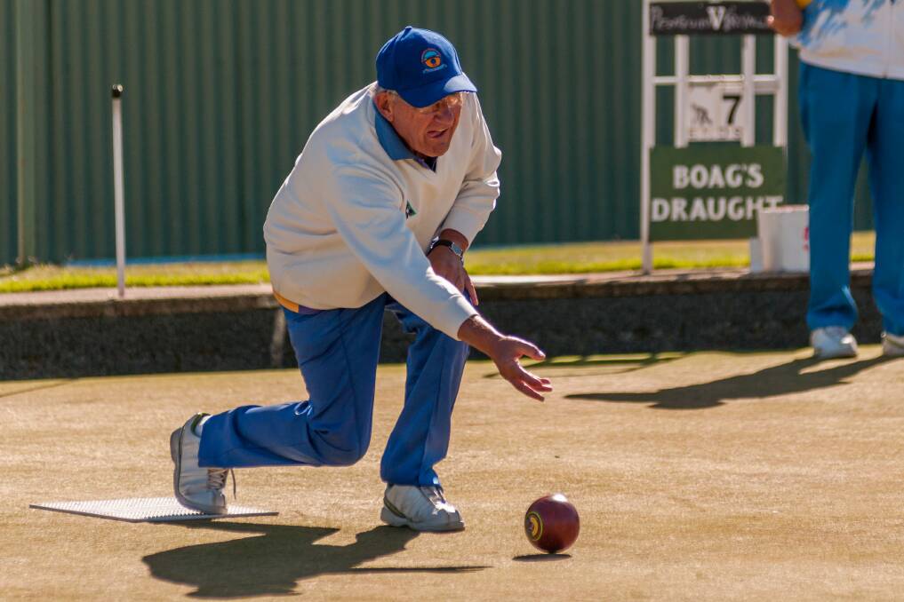 On track: Trevallyn bowler Don Calver plays his shot in the match against Penguin during the State Thursday Pennant Titles at Latrobe. Picture: Phillip Biggs.
