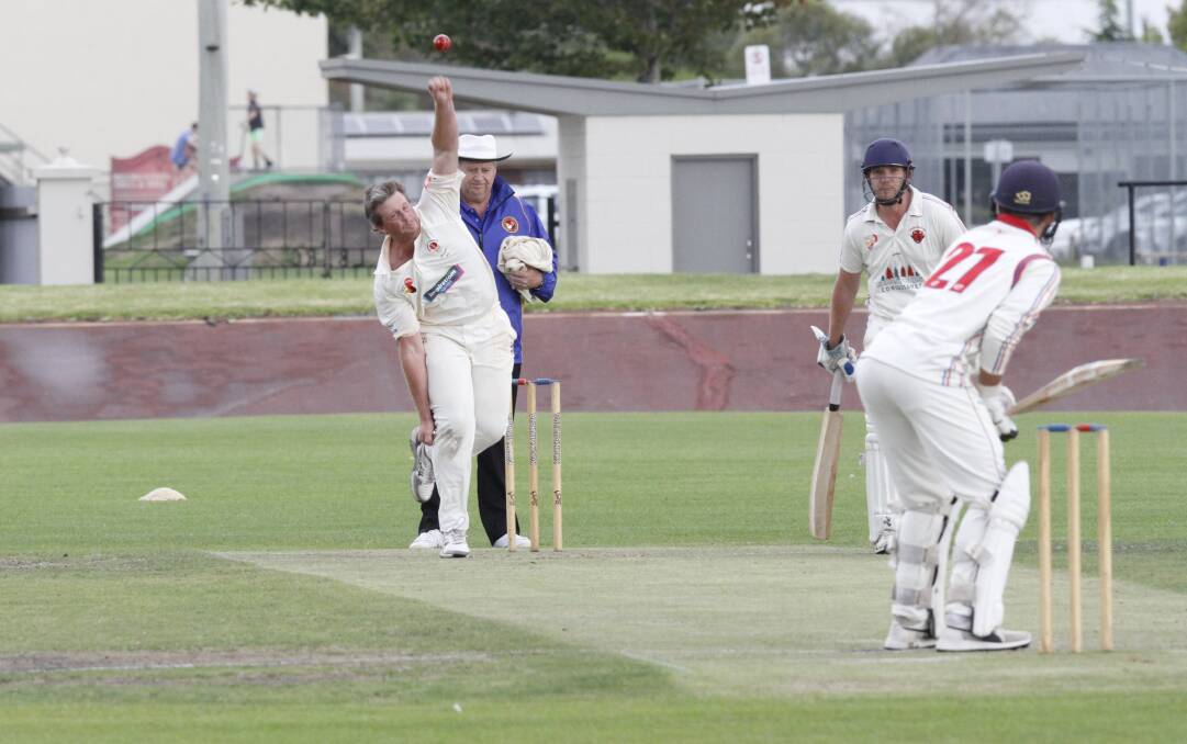 Bowling in: Devonport's Chris Lindsay bowls to Latrobe's Trent Keep during play on day two of the Cricket North West grand final. Picture: Brad Cole.