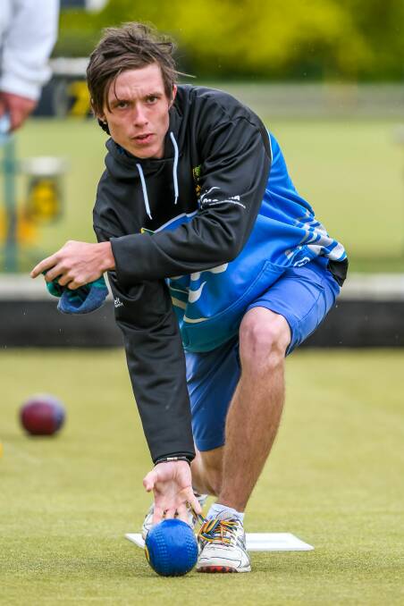 Focus driven: Trevallyn's Josh Appleyard is a picture of concentration during Saturday's Bowls North Premier League game against Scottsdale. Picture: Phillip Biggs.
