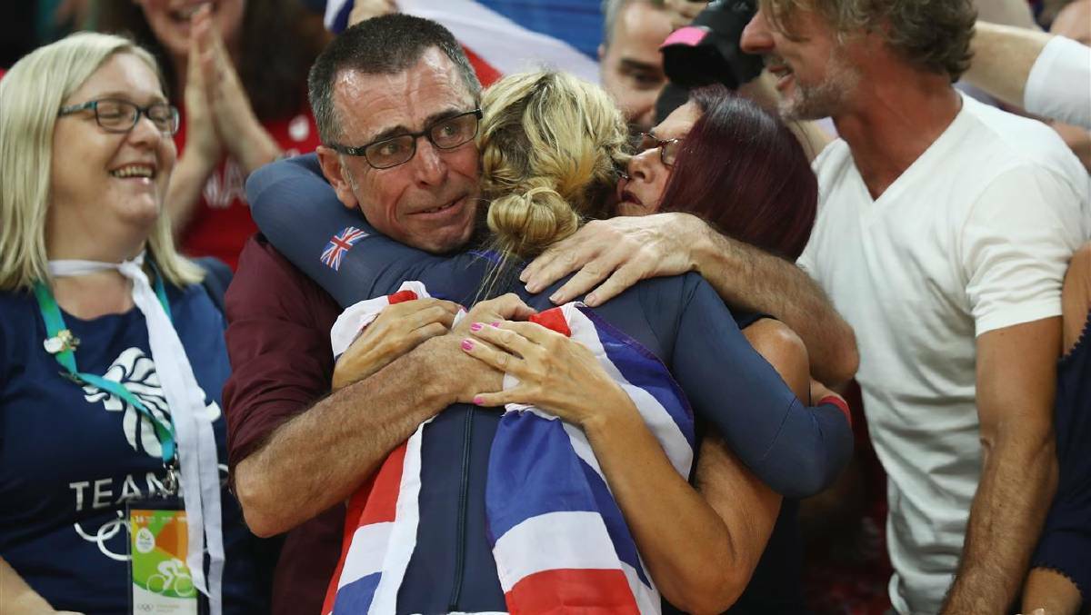 DAY 11: Laura Trott of Great Britain celebrates with the crowd after winning gold in the women's Omnium Points race on Day 11 of the Rio 2016 Olympic Games at the Rio Olympic Velodrome on August 16, 2016 in Rio de Janeiro, Brazil. Photo: Bryn Lennon/Getty Images