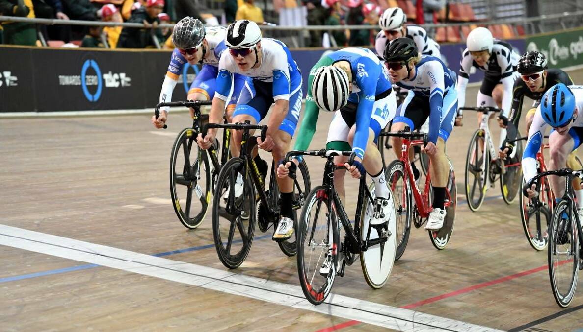 BY A WHISKER: Launceston rider Josh Duffy edges out the field in the international track series' under-19 scratch race. Picture: John Gondek/ Facebook 