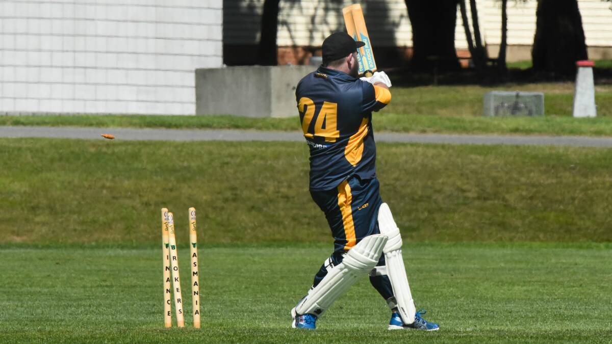 OVER AND OUT: Diggers batsman Shaun Brown falls to a straight ball from Cressy's Harold Claridge. Cressy eventually secured a 17-run win. Pictures: Neil Richardson