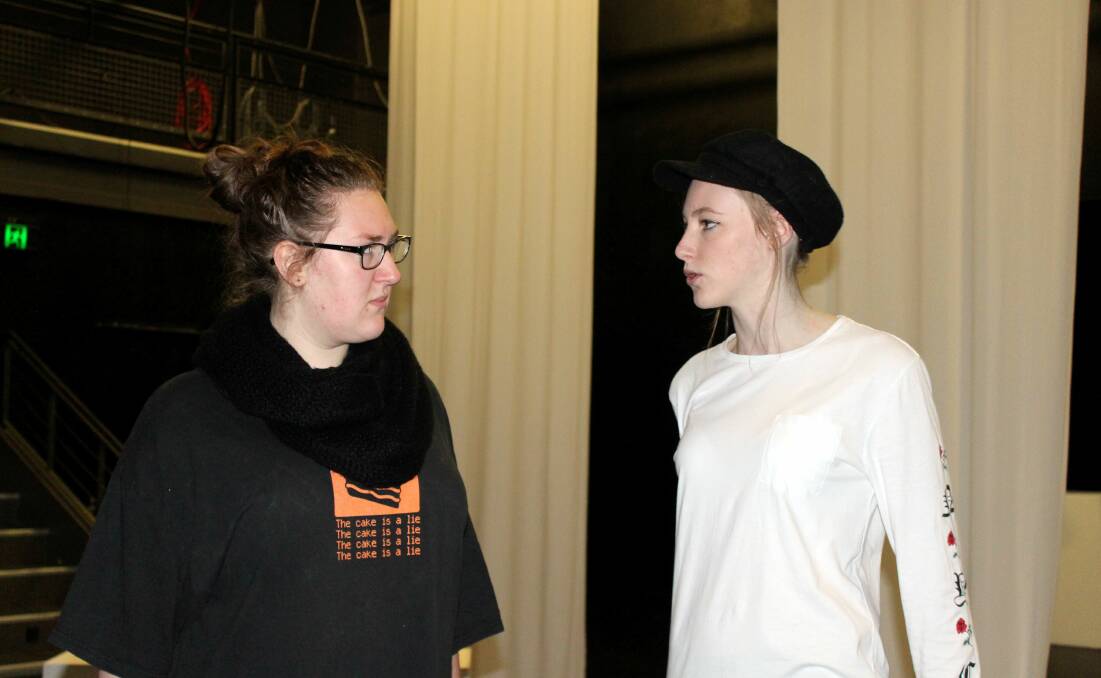 TOP TWO: Olivia Brodzinski and Stephanie Francis face off during rehearsals for As You Like It. Picture: Hamish Geale