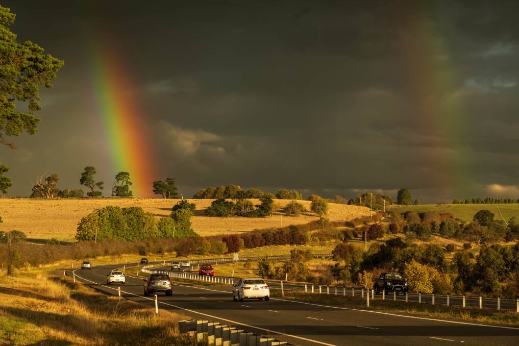 A stunning autumn rainbow on the Midland Highway near Breadalbane. Picture by Phillip Biggs 