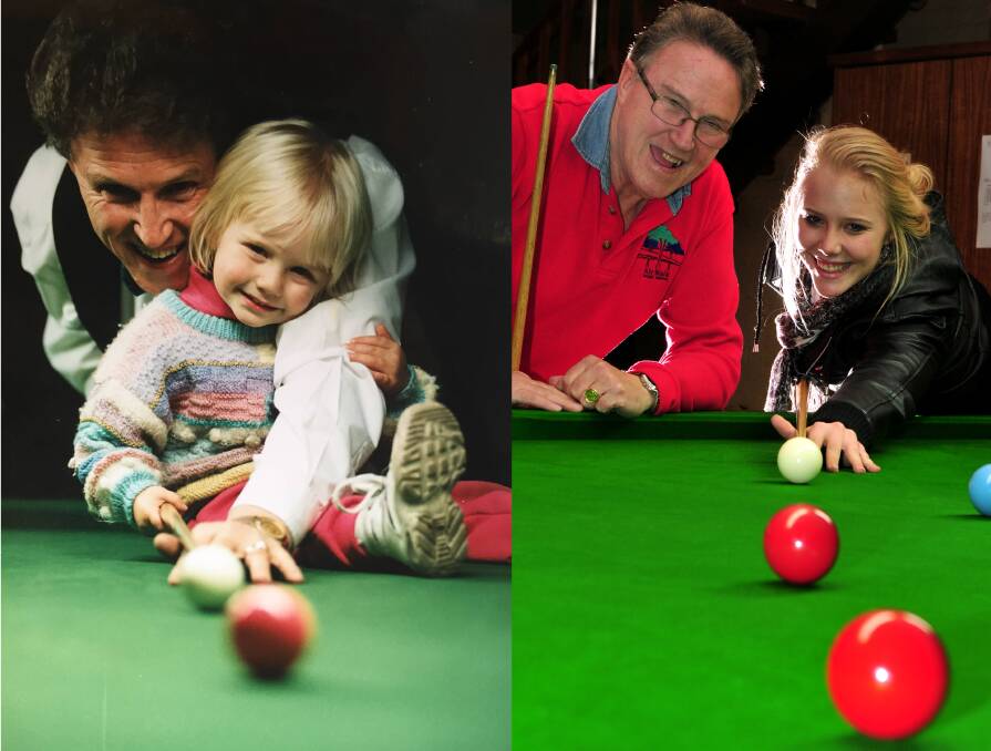 HAPPY MEMORIES: Ron Atkins and daughter Laurel in 1996 (left) and at the 30th anniversary of the IBSF world snooker championships in 2010 (right).
