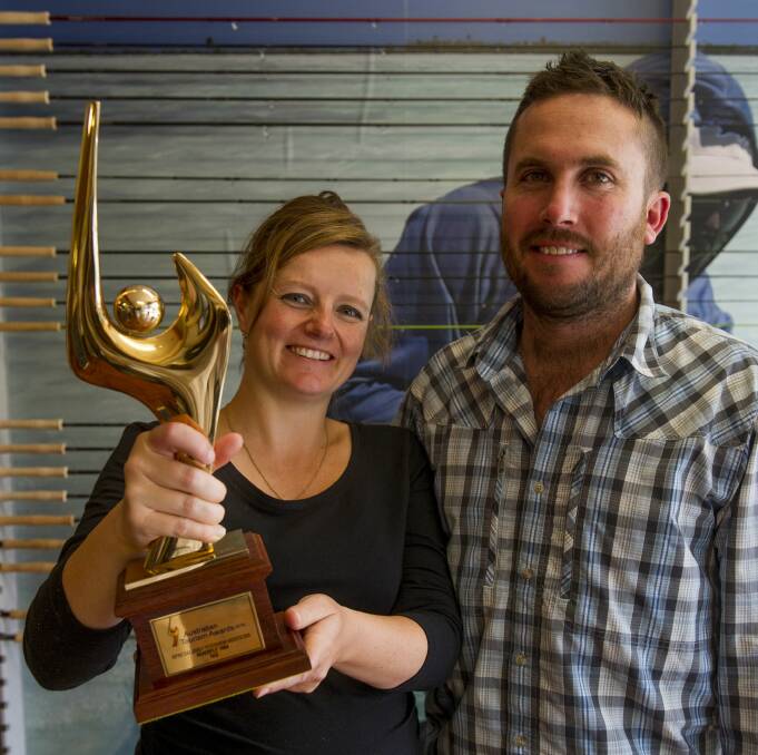 BIG CATCH: Riverfly 1864 co-owners Simone and Daniel Hackett show off their trophy from the Australian Tourism Awards last week. Picture: Scott Gelston