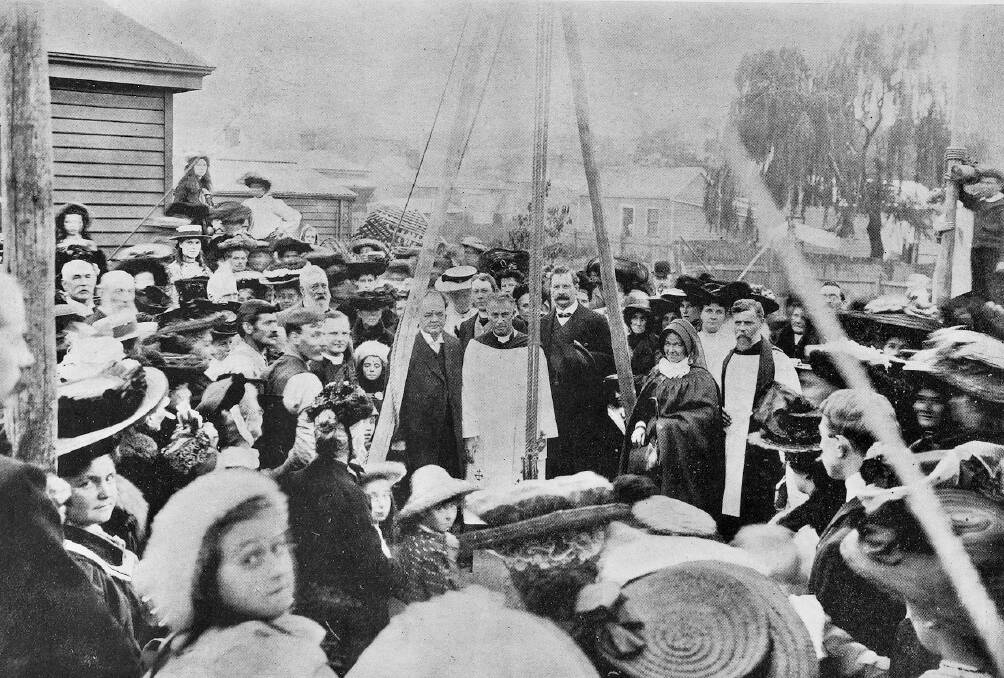 Laying the foundation stone for the new St John's Mission House, Canning Street, Launceston. Sister Charlotte is pictured with the mayor JW Pepper and other guests. Picture by Weekly Courier, May 3, 1905.