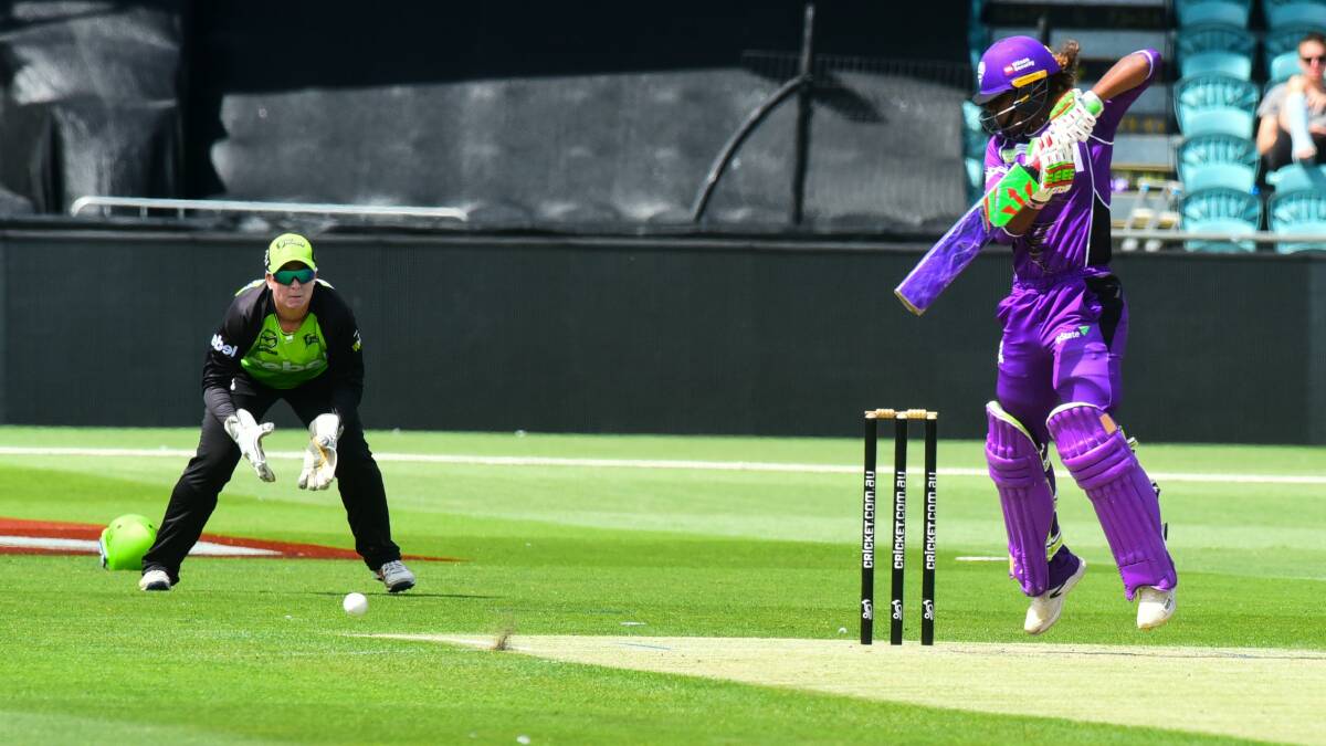 SOLID DEFENCE: West Indian Hayley Matthews keeps out a short ball. Matthews scored 8 and took 1-15.