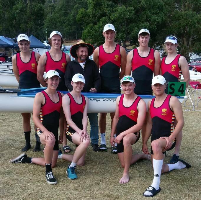 OCEAN'S ELEVEN: Nine members of the North Esk Rowing Club under-19 team, pictured with coach Barry Townsend. Picture: Supplied  