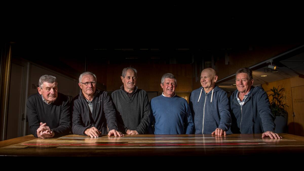 LEGENDARY: Evandale 1977 premiership players John Jones, Roy Bullman, Kevin Lewis, Mike Cottam, Phil Wells and Doug Sing. Picture: Scott Gelston