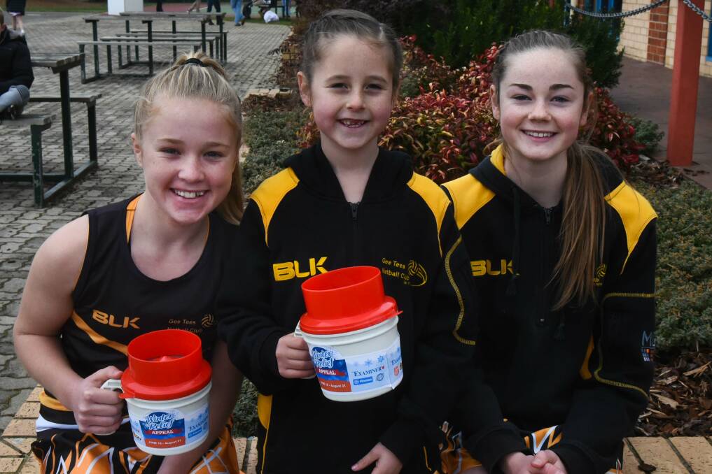NETTING RESULTS: Gee Tees netballers Lucy Graham, Ruby Steel and Olive Morris collecting for The Examiner's Winter Relief Appeal. Picture: Neil Richardson 