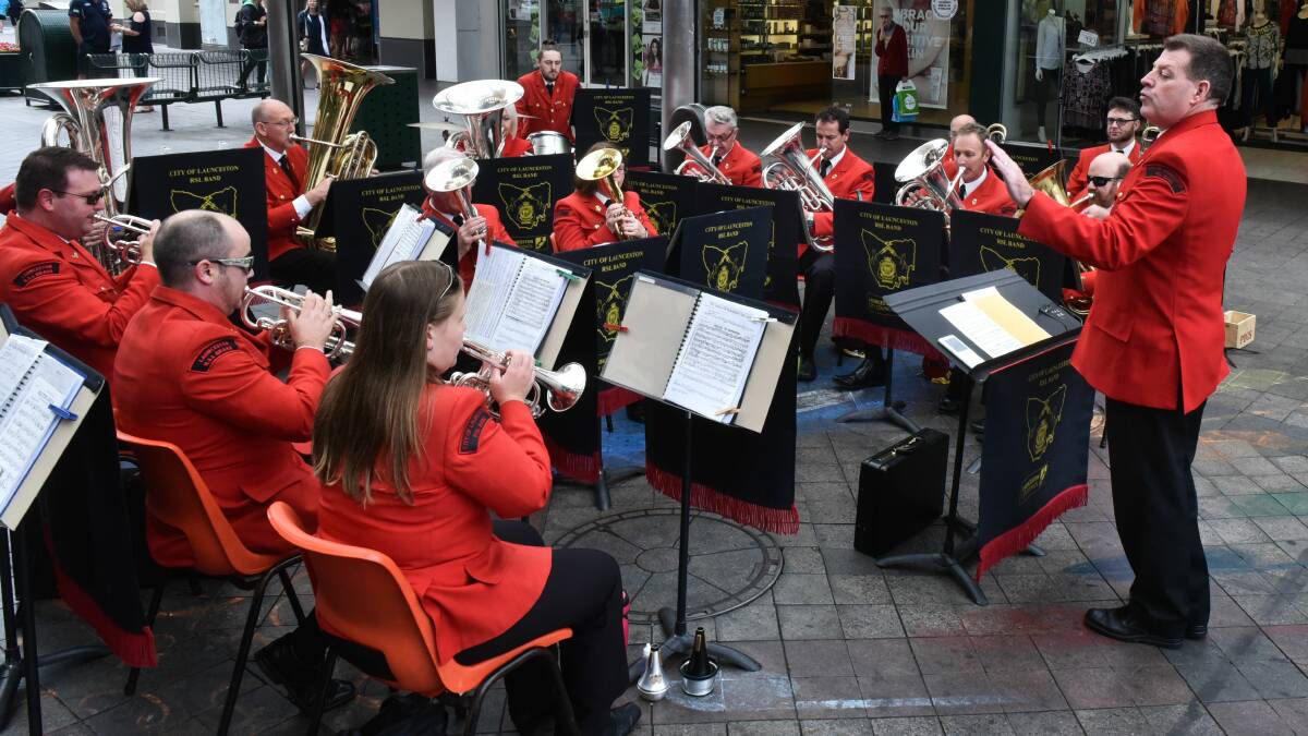 PRIMED: The City of Launceston RSL Band performs in the mall in the lead up to the Australian National Band Championships. Picture: Neil Richardson 