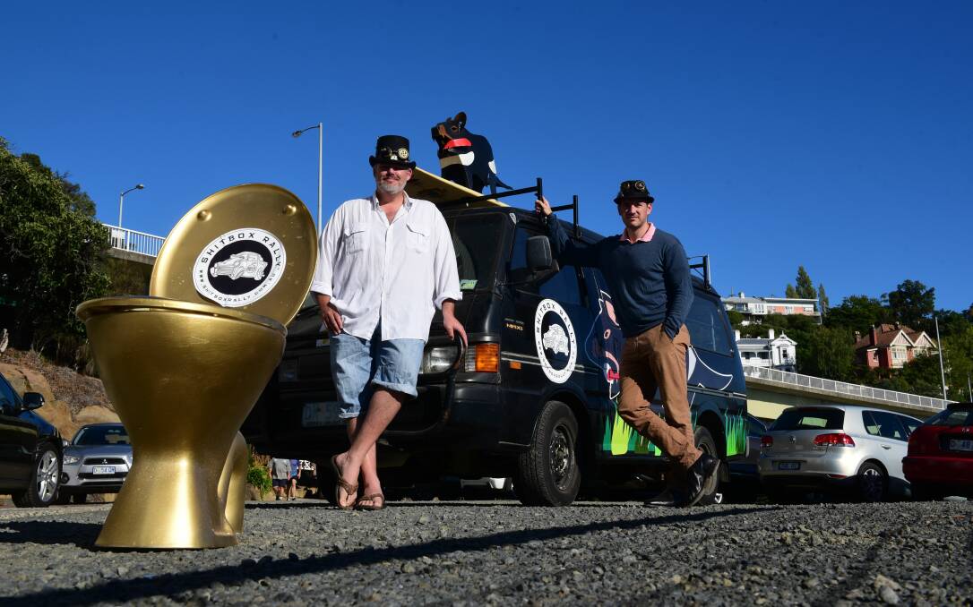 GOLDEN BOYS: Launceston duo Brett Charlton and Charles Beaumont will attempt to drive a 1990 Ford Econovan from Adelaide to Cairns in seven days later this year to raise money for the Cancer Council. Picture: Paul Scambler