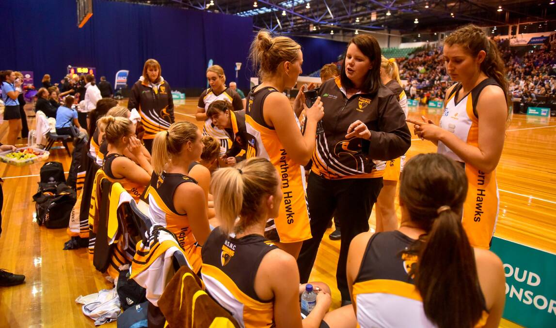 LEADING FROM THE FRONT: Hawks coach Ruth Tuohy talks to her team during the State League grand final. Picture: Scott Gelston 