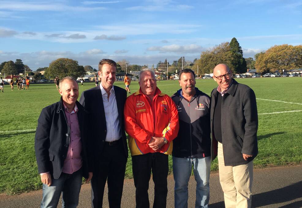 CLUBROOMS UPGRADE: Meander Valley mayor Craig Perkins, Veterans' Affairs Minister Dan Tehan, Meander Valley Suns president Leigh Watts, Westbury Shamrocks president Michael Claxton and Liberal Lyons MHR Eric Hutchinson discuss upgrades to the Westbury Recreation Ground. Picture: Supplied