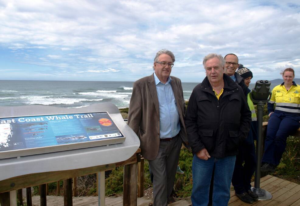 LAYING THE TRAIL: Environment Minister Rene Hidding, Break O'Day Council deputy mayor John McGiveron and Break O'Day Green Army members gather at Shelly Point for the opening of the East Coast Whale Trail. Picture: Supplied