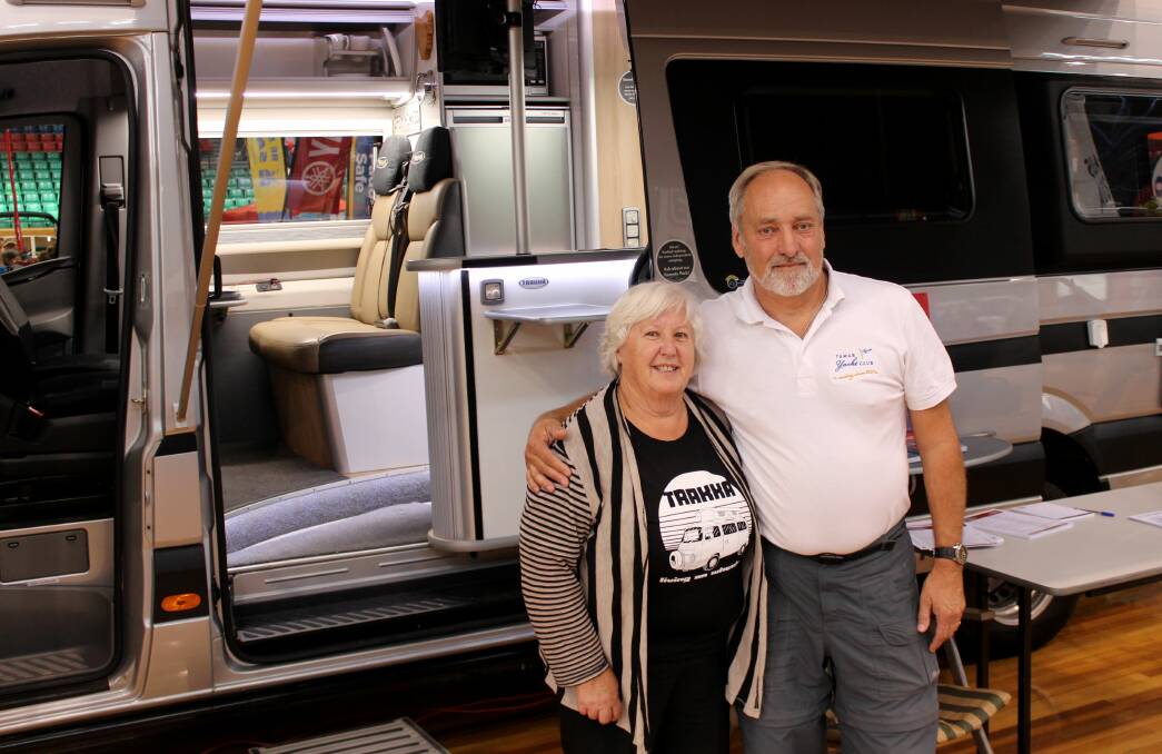 ON THE MOVE: Wendy and Ken Gourlay gave visitors a tour of their campervan at the Tasmanian Outdoor, Boat and Caravan Show on Saturday. Picture: Hamish Geale 