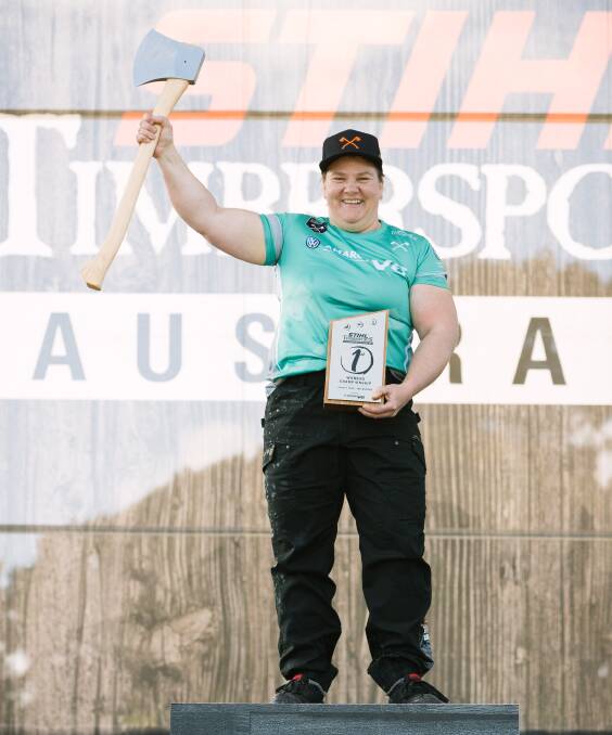WHAT A WIN: Winkleigh woodchopper Amanda Beams snatched a one-point win in the women's Timbersports Australian Championship over the weekend. Picture: Supplied