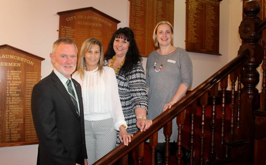 MAKING A DIFFERENCE: Launceston mayor Albert Van Zetten, Karinya Young Mums 'n Bubs Program case managers Kylie and Heidi, and Playgroup Tasmania chief executive Jacinda Armstrong. Picture: Hamish Geale 
